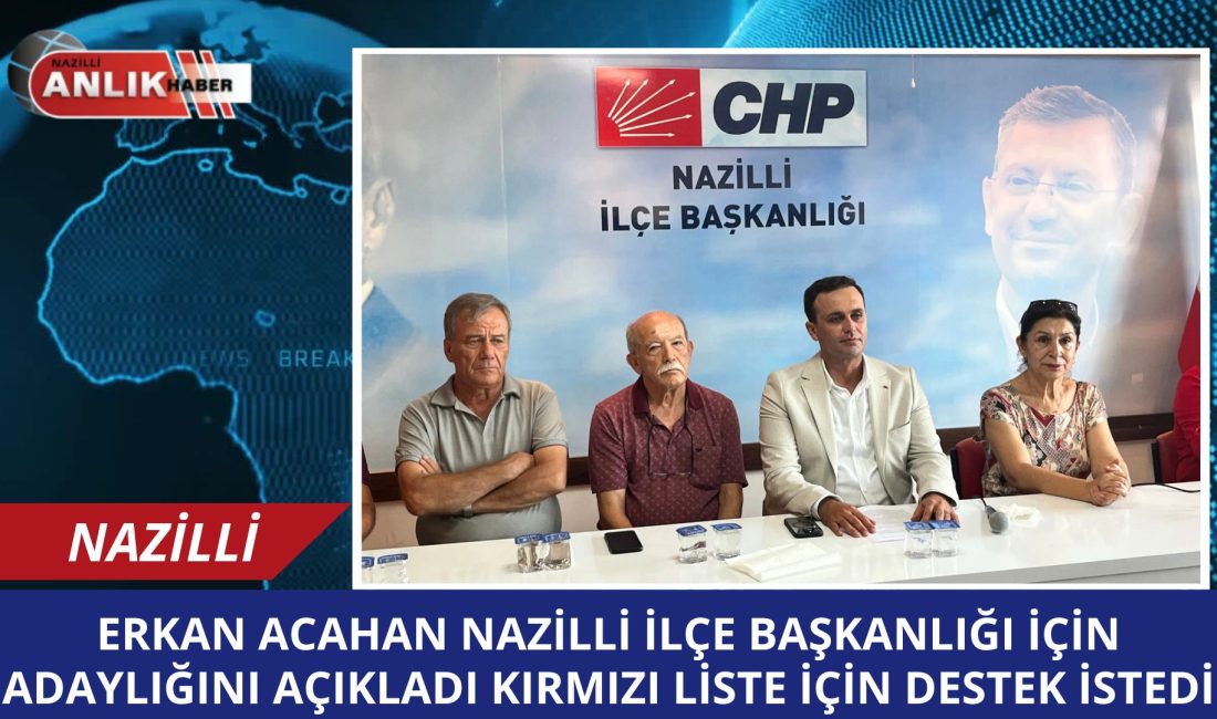 Erkan Acahan, CHP Nazilli İlçe Başkanlığı İçin Adaylığını Açıkladı: “Kırmızı Listeye Destek İstiyorum” CHP Nazilli İlçe Başkanlığı kongresi öncesinde ilk adaylık açıklaması eski