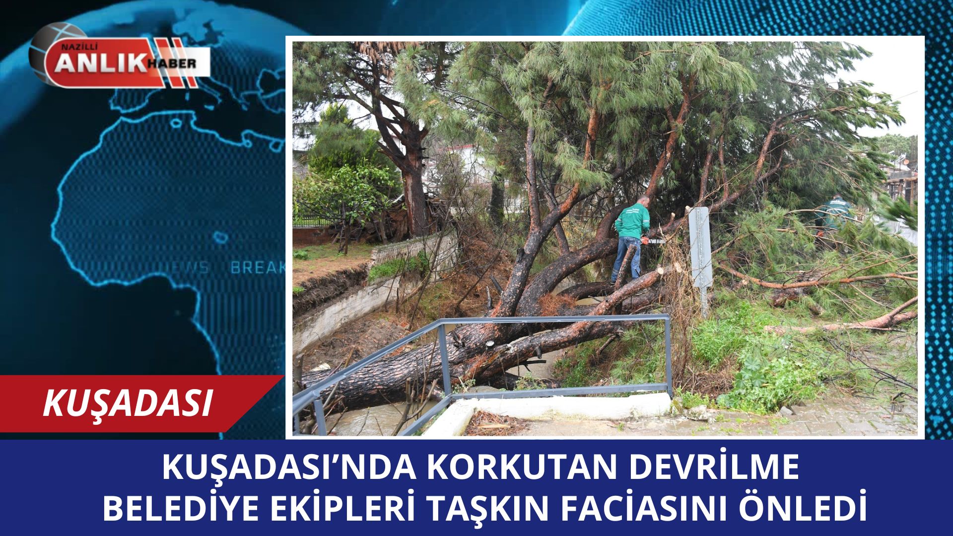 KUŞADASI – Şiddetli yağışların vurduğu Kuşadası’nda, dere yatağına devrilen dev
