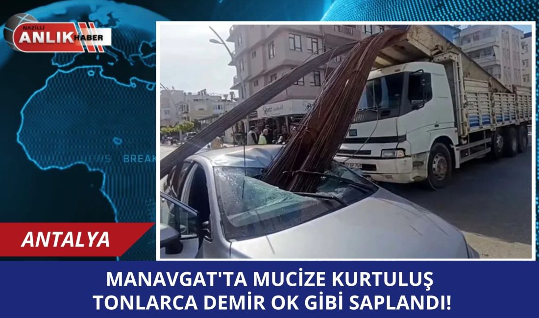 Antalya’nın Manavgat ilçesinde inşaat demiri yüklü bir kamyonun ani fren